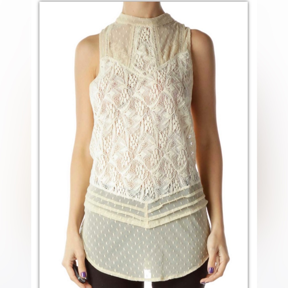 Free People Beige Lace Turtle Neck Blouse top XS.